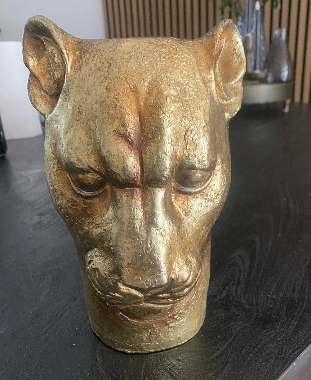 Gouden tijger kop vaas/pot - 22 cm hoog, Ophalen of Verzenden, Gebruikt, Geel, Overige materialen