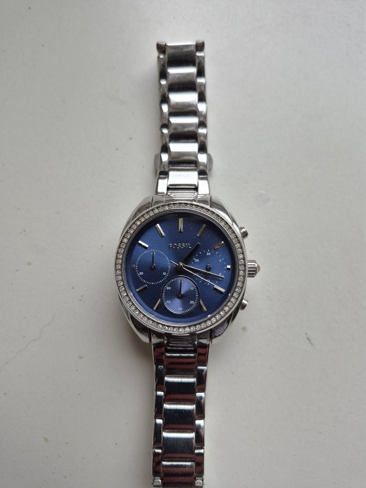 Fossil dameshorloge met blauwe wijzerplaat en strass, Sieraden, Tassen en Uiterlijk, Staal, Staal, Fossil, Polshorloge