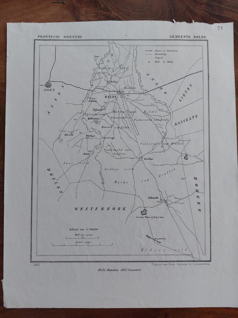 23 / Rolde - Eldersloo - Assen Litho uit 1865 van J. Kuyper, Antiek en Kunst, Ophalen of Verzenden