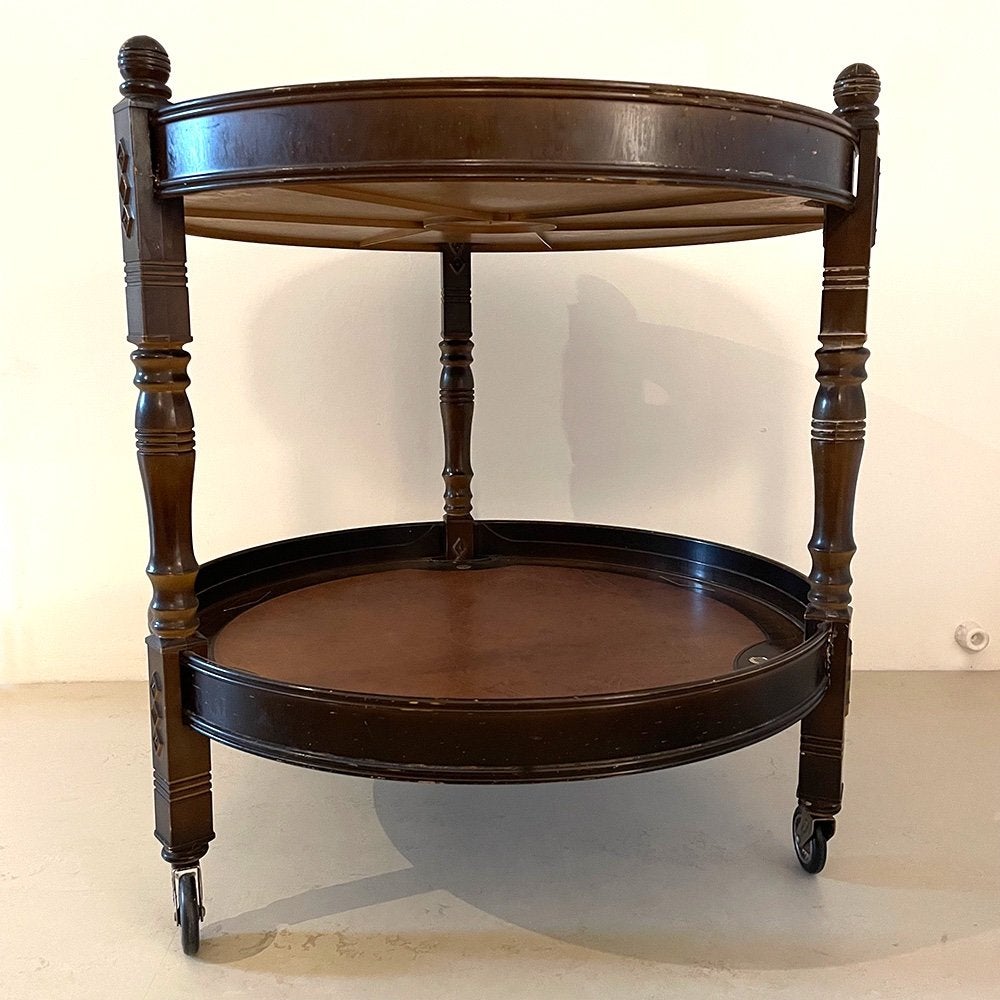 Vintage Ronde Houten Trolley met 2 Etages, Huis en Inrichting, Tafels | Bijzettafels, Ophalen, Minder dan 55 cm, Gebruikt, 60 cm of meer