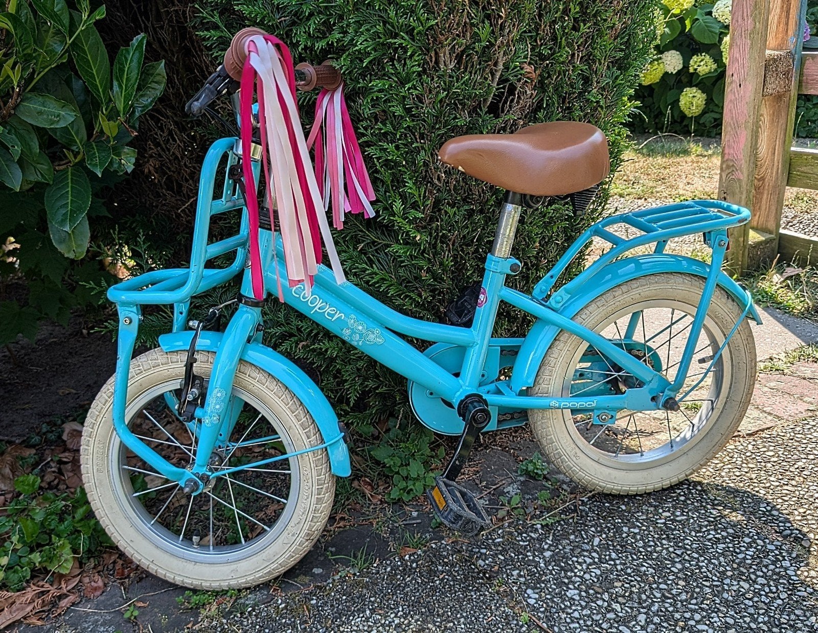 Popal Cooper kinderfiets 14" turquoise met streamers, Ophalen, Terugtraprem, Minder dan 16 inch, Popal