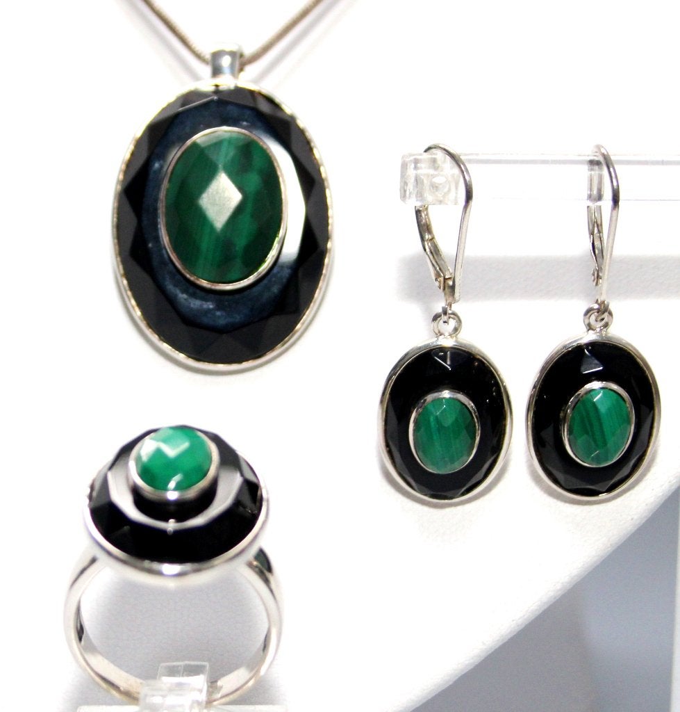 Schitterende Malachiet & Onyx Juwelen Set David Sigal, Ophalen of Verzenden, Zilver, Oorbellen, Met edelsteen