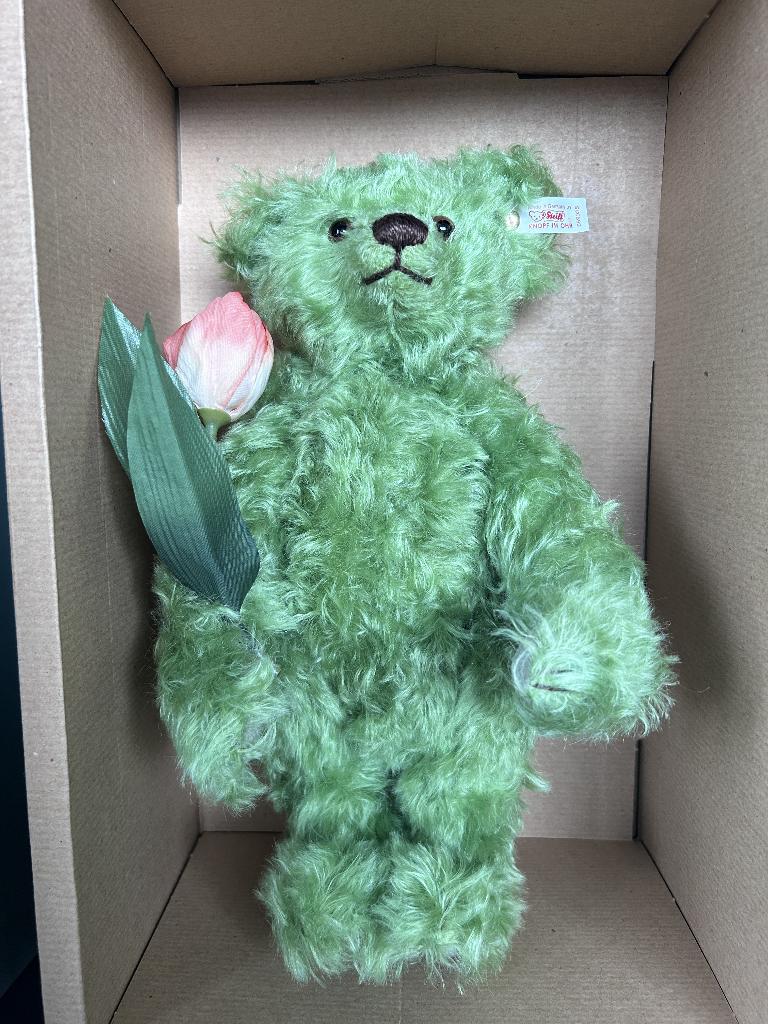 Steiff Teddybeer 1997 Groen met tulp, Verzenden, Zo goed als nieuw, Stoffen beer, Steiff