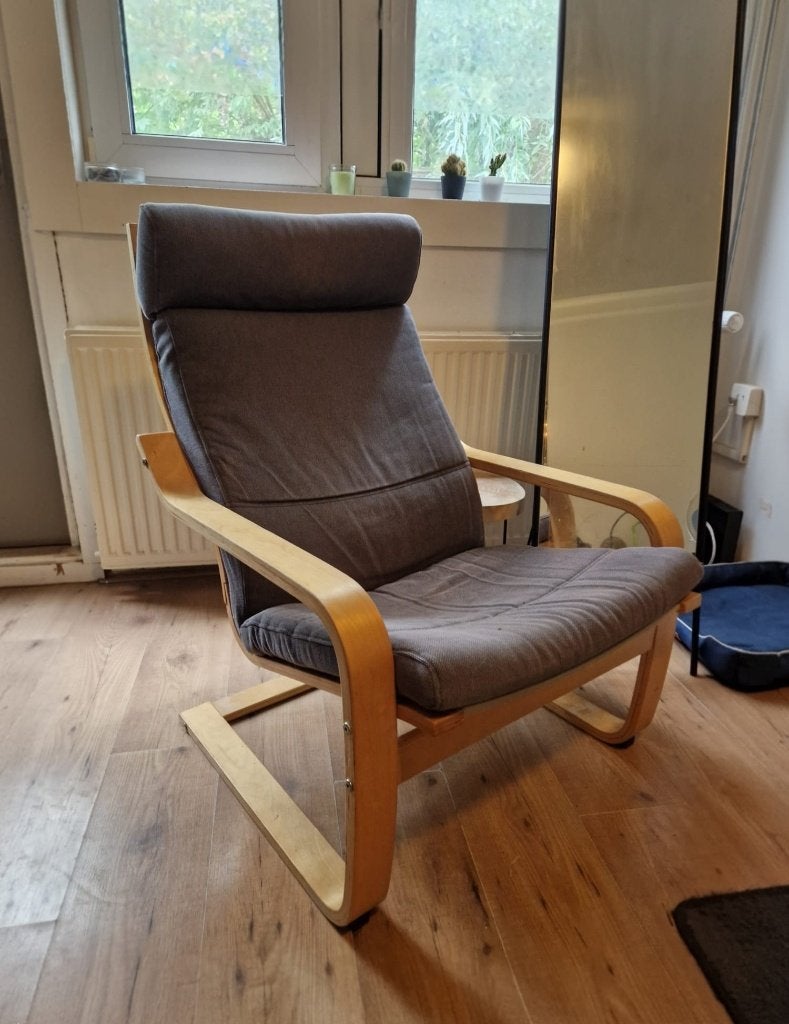 IKEA POÄNG fauteuil – grijs – goede staat, Ophalen, Gebruikt, 75 tot 100 cm, Overige materialen
