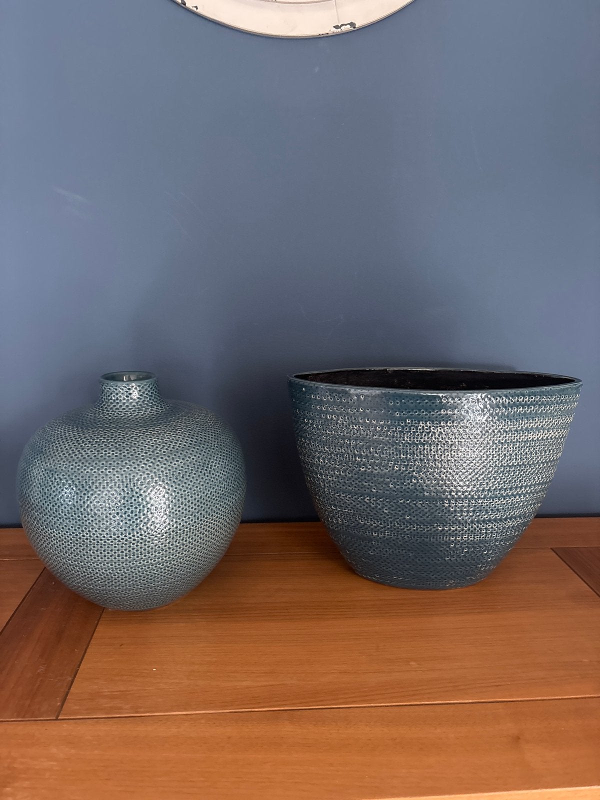 Set van pot en bloempot blauw - ca. 27 cm hoog, Huis en Inrichting, Woonaccessoires | Vazen, Gebruikt, Met patroon/structuur, Ophalen of Verzenden