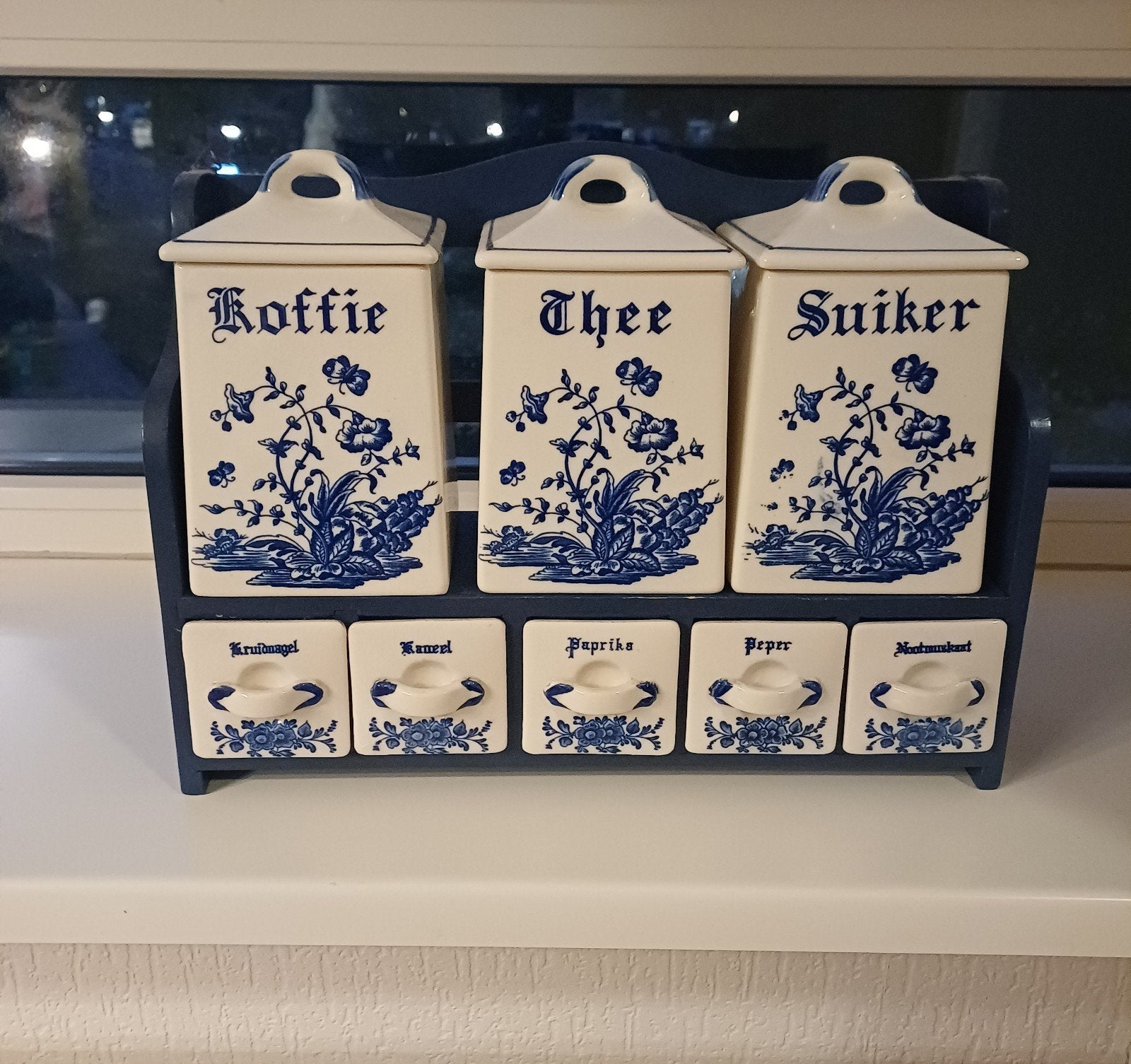 Vintage Delfts Blauw Keukenrek met Voorraadpotten en Laadjes, Ophalen, Voorraadpot, Steen/keramiek, Gebruikt