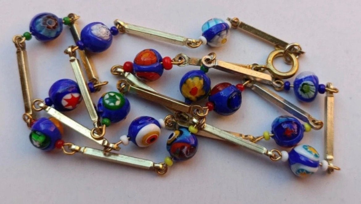 Vintage Murano Millefiori Ketting - Blauw met Goudkleurige S, Sieraden, Tassen en Uiterlijk, Ophalen of Verzenden, Zo goed als nieuw
