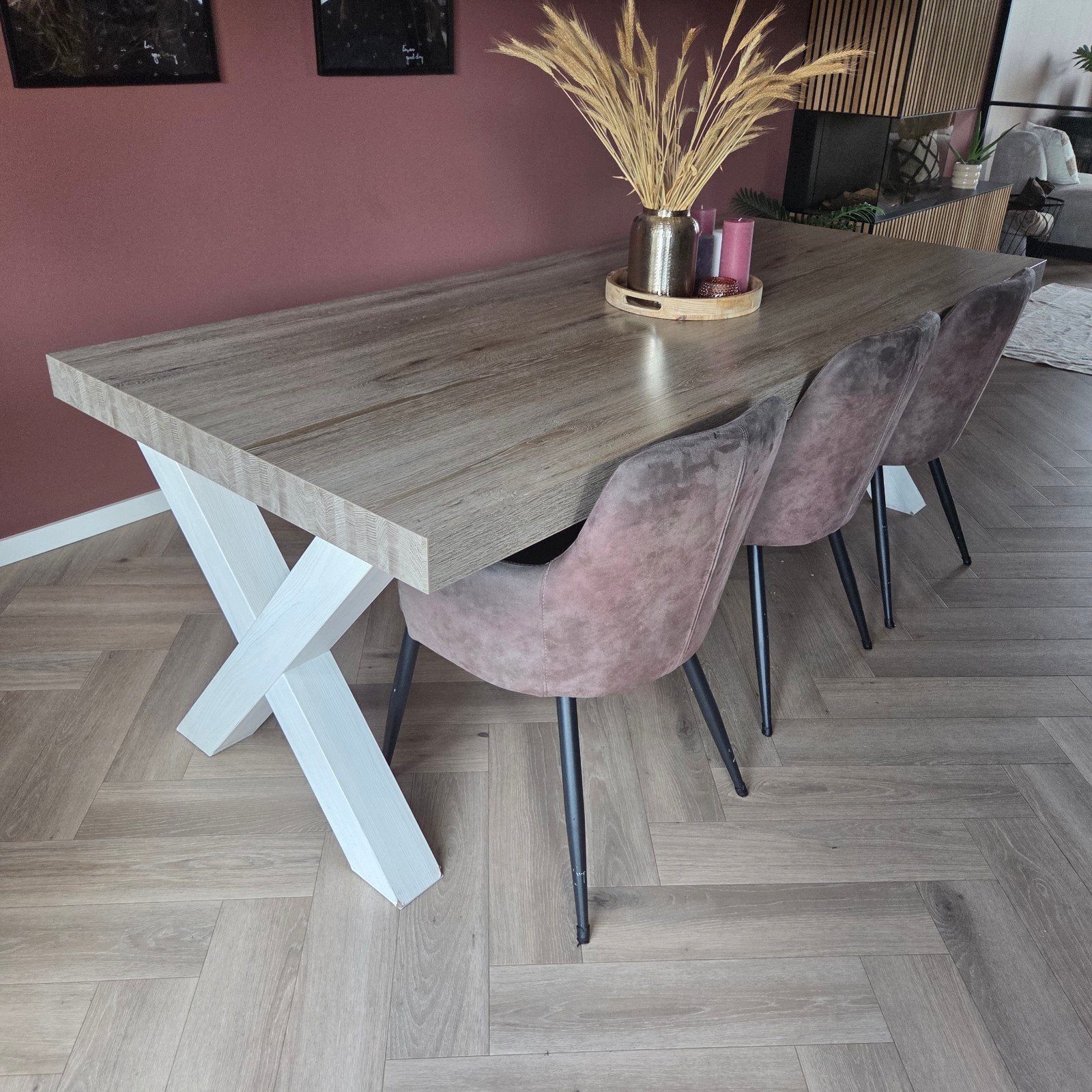 Elegante eettafel 226x102 met X-poten en houtlook blad, Gebruikt, 100 tot 150 cm, Modern, Industrieel, 200 cm of meer