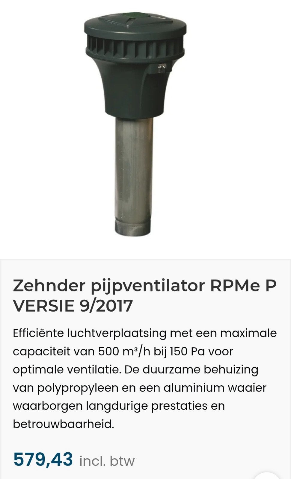 Woonhuis ventilatie pijpventilator Zehnder RPMe met afstands, Ophalen, Zo goed als nieuw, Ventilator