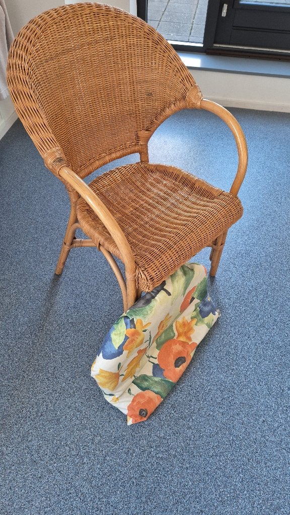 Rieten Stoel + kussen, Huis en Inrichting, Ophalen, Gebruikt, Bruin, Riet of Rotan