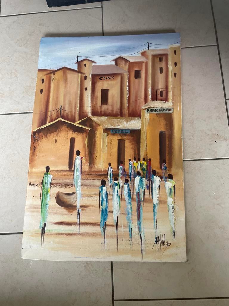 Schilderij met Afrikaanse marktscène, Ophalen of Verzenden