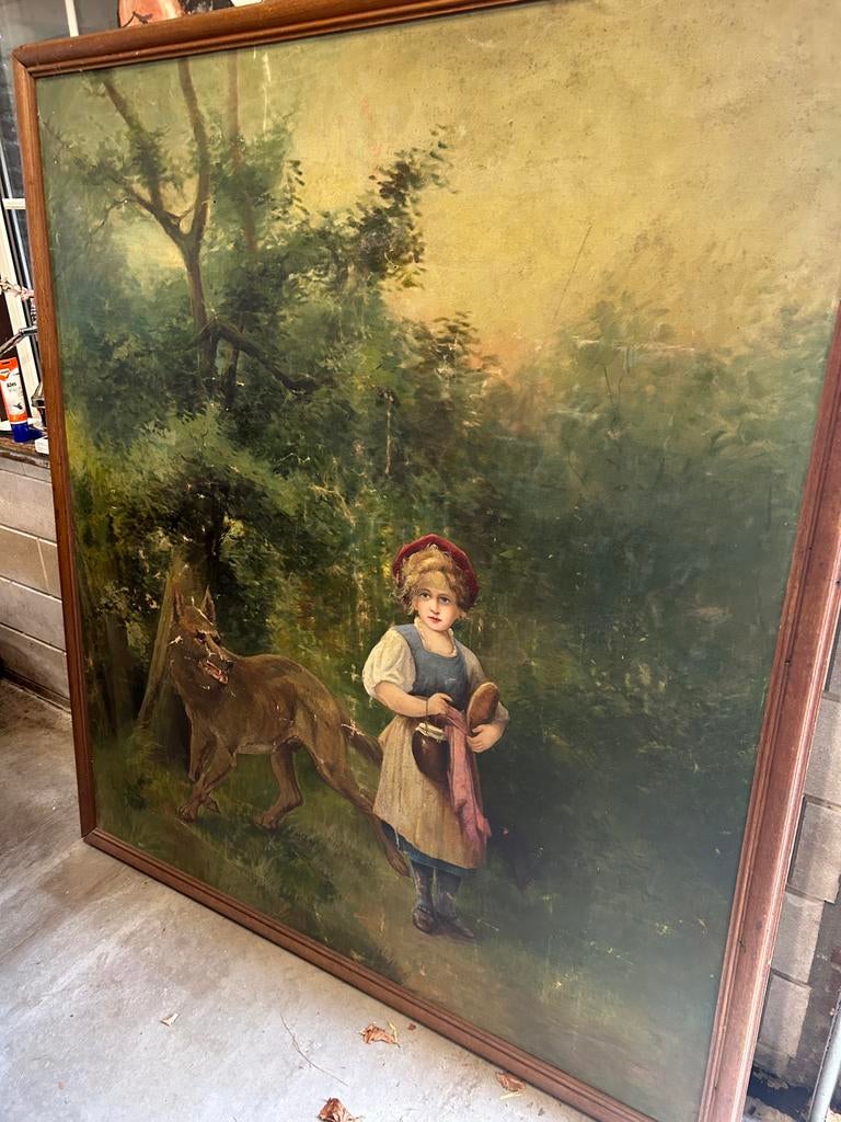 Groot Schilderij Roodkapje en de Wolf - Klassiek Sprookje, Antiek en Kunst, Ophalen of Verzenden
