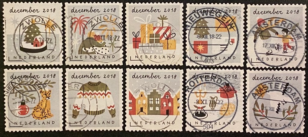 Decemberzegels 2018 gestempeld - mail uw keuze + bod, Postzegels en Munten, Ophalen of Verzenden, Na 1940, Gestempeld