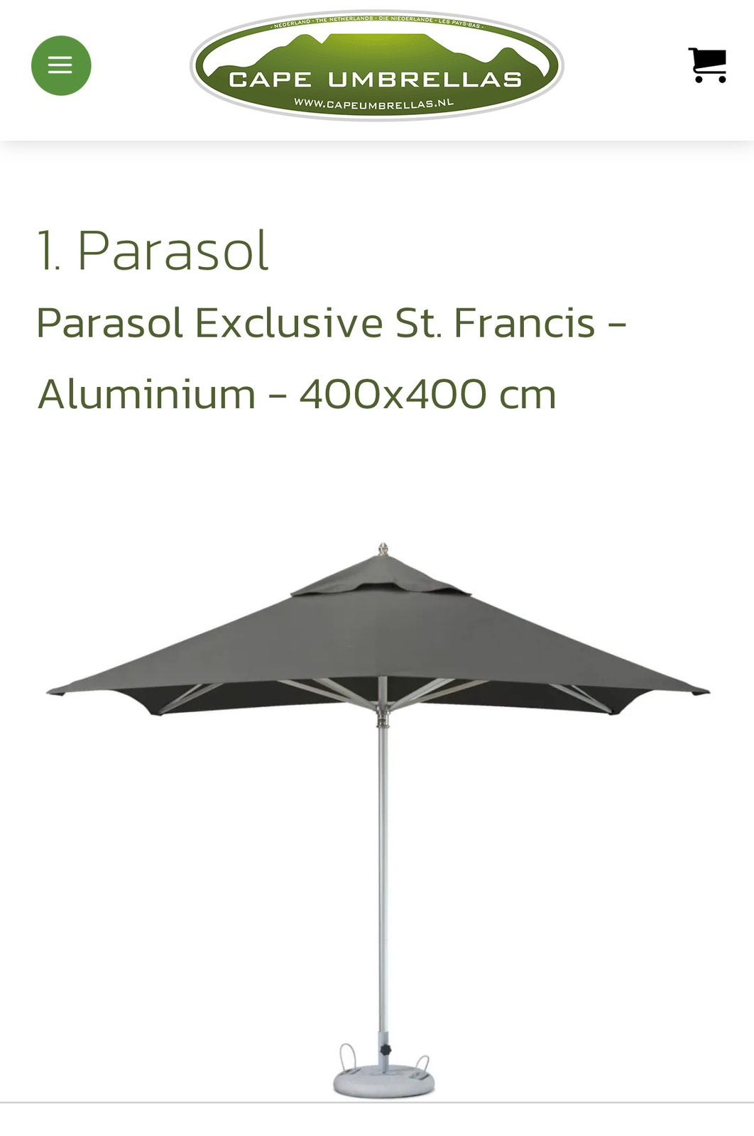 Cape Umbrellas parasol 400x400, incl hoes & voet, Ophalen, Zo goed als nieuw