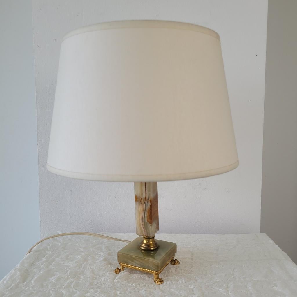 Vintage onyx messing tafellamp 31 cm groen beige, Huis en Inrichting, Ophalen of Verzenden, Zo goed als nieuw, Overige materialen