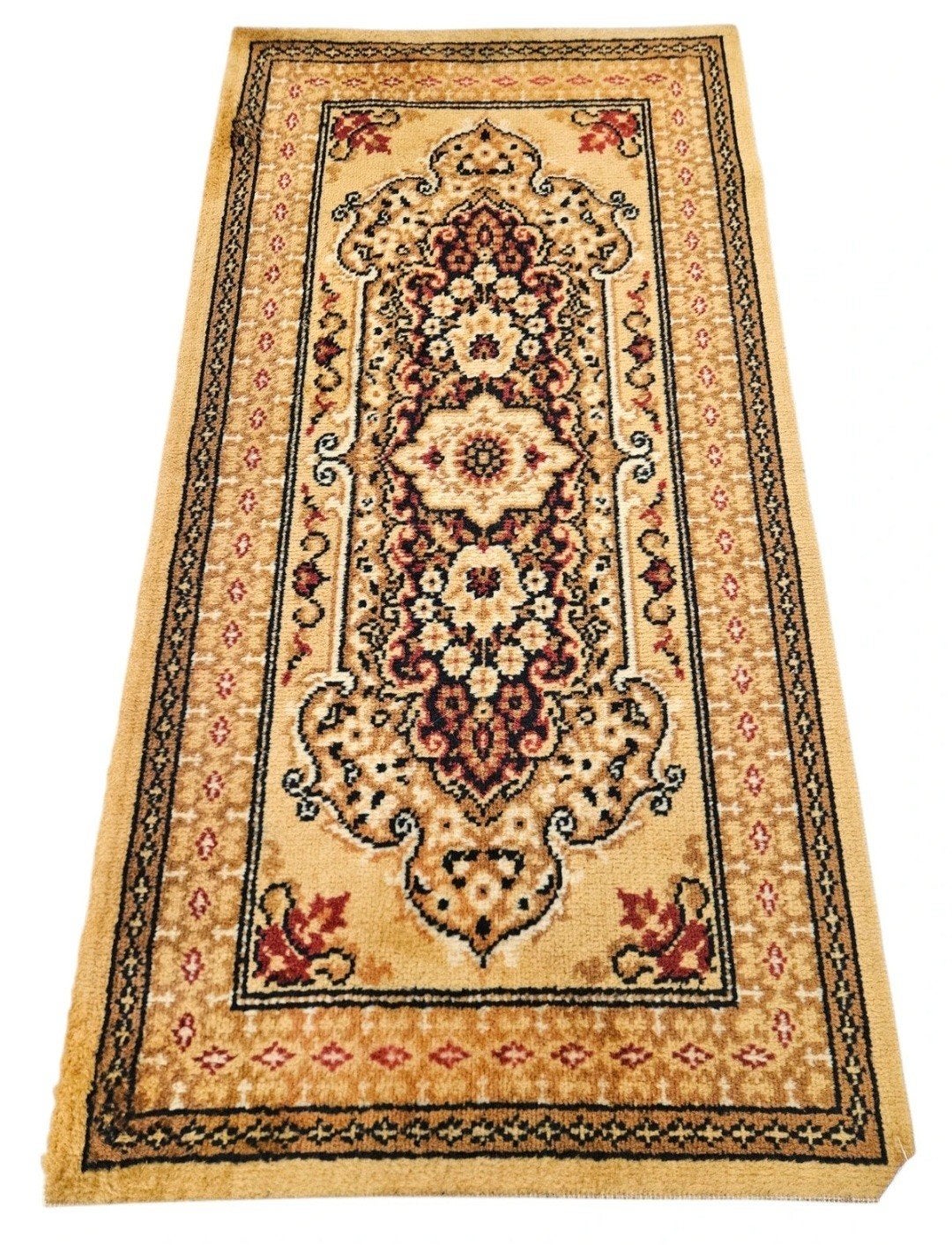 Vintage oosters wol vloerkleed medallion oker geel 61x117cm, Oosters, Traditioneel, Klassiek, Gebruikt, 100 tot 150 cm, Www.hypepopup.nl
