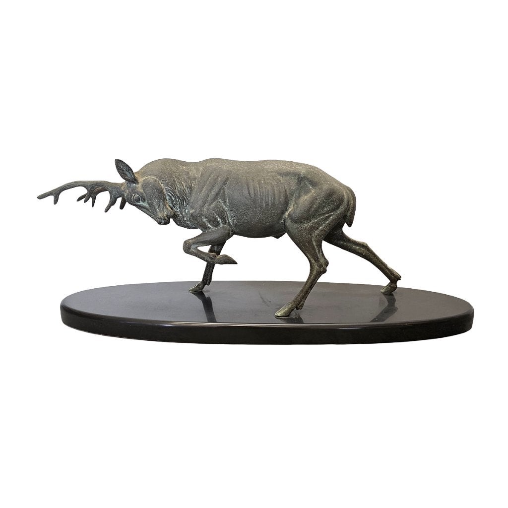 Art Deco hertenbeeld op marmeren voet Irénée Rochard, Antiek en Kunst, Art deco, Gepatineerd, Zoogdier, Zwart