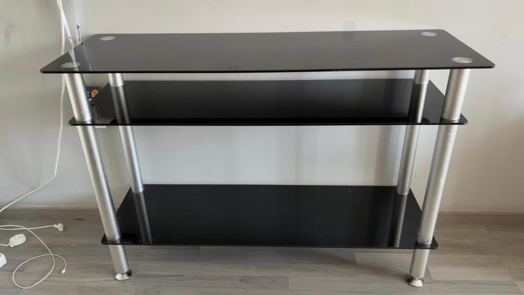 Modern TV-meubel/audiorek met glazen planken, Huis en Inrichting, Kasten | Televisiemeubels, Gebruikt, 100 tot 150 cm, Ophalen of Verzenden
