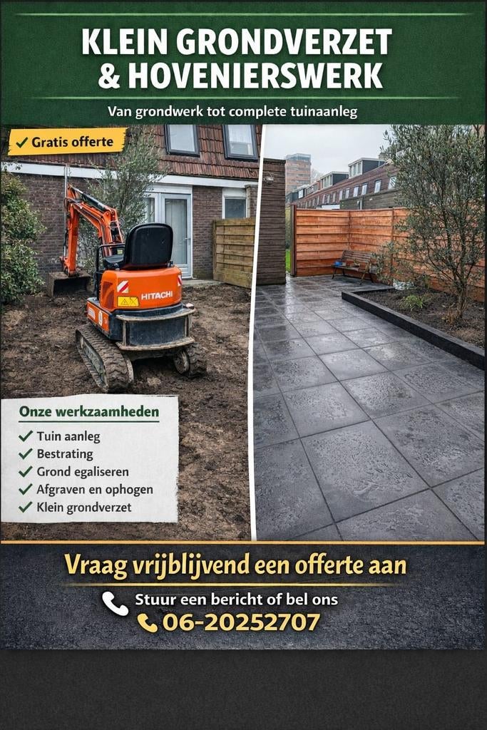 Mini graafmachine/ minigraver huren, grondverzet, tuinaanleg, Diensten en Vakmensen, Garantie, Tuin- of Vijveraanleg