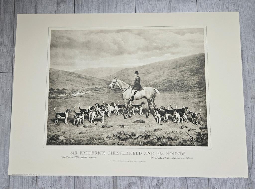 Prent Sir Frederick Chesterfield en zijn honden 50x70, Verzamelen, Ophalen of Verzenden, Voor 1940