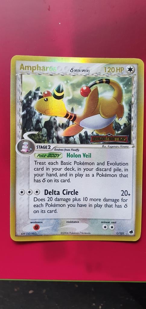 Ampharos 1/101 dragon frontiers holo pokemon kaart, Ophalen of Verzenden, Zo goed als nieuw