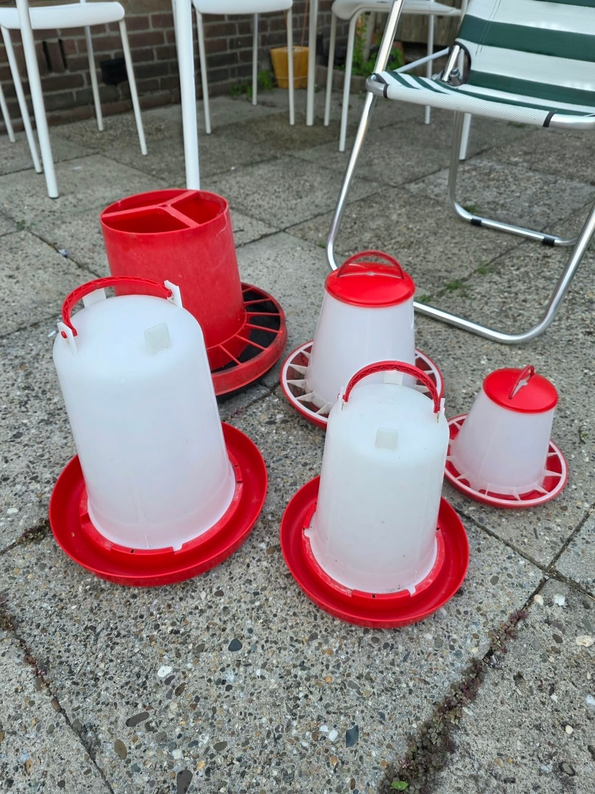 Kippenwaterbak en voerbak, Ophalen, Gebruikt, Drinken en Voederen