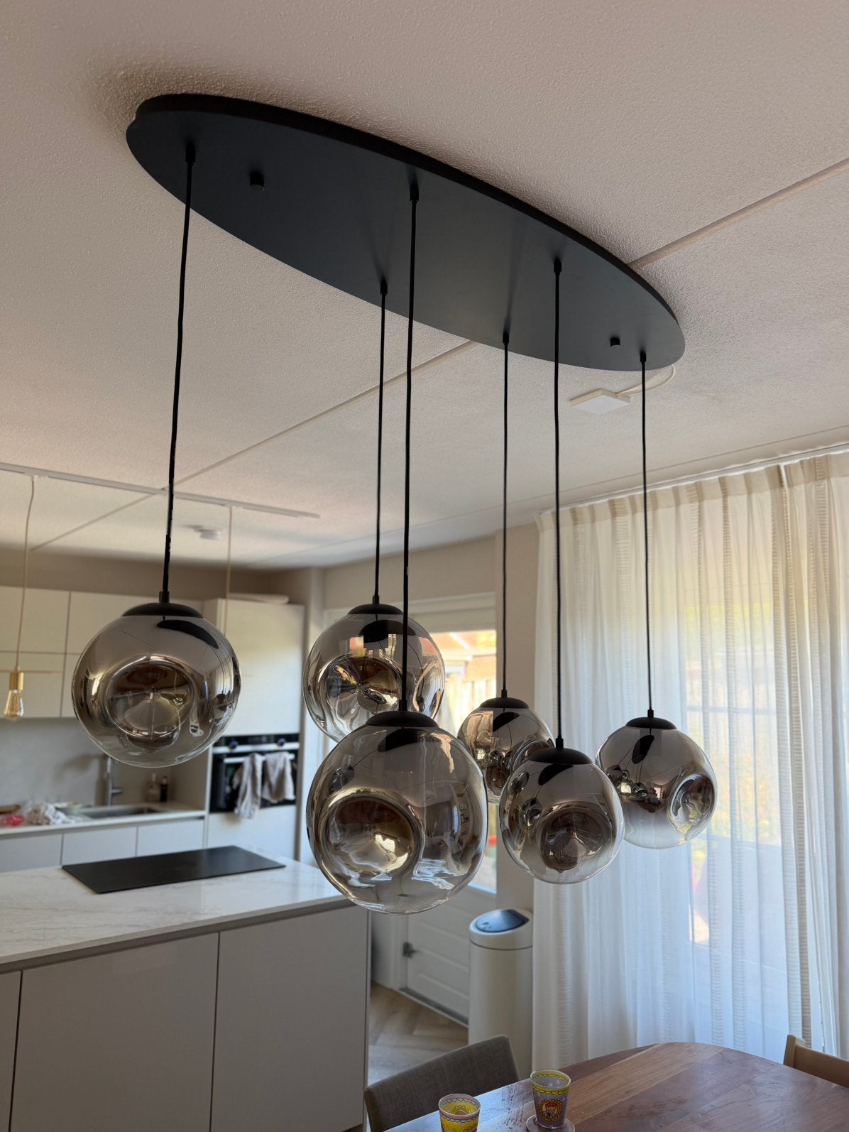 Art deco hanglamp zwart en smoke glas 6-lichts - Douglass, Ophalen, Zo goed als nieuw