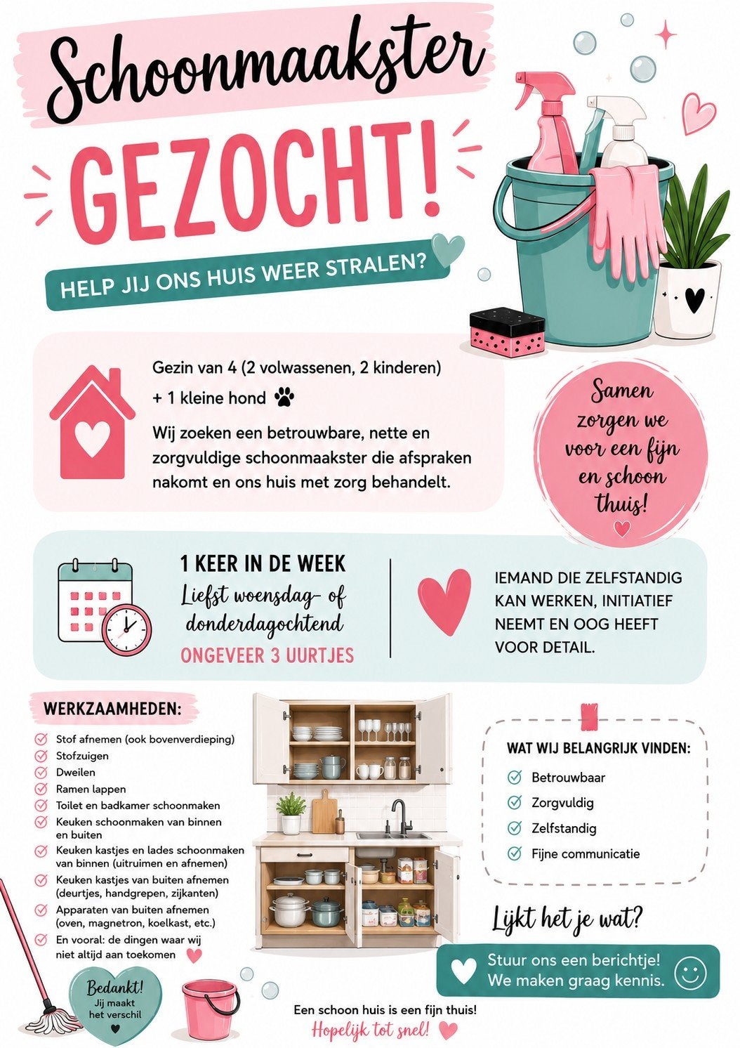 Gezocht: betrouwbare schoonmaakster!