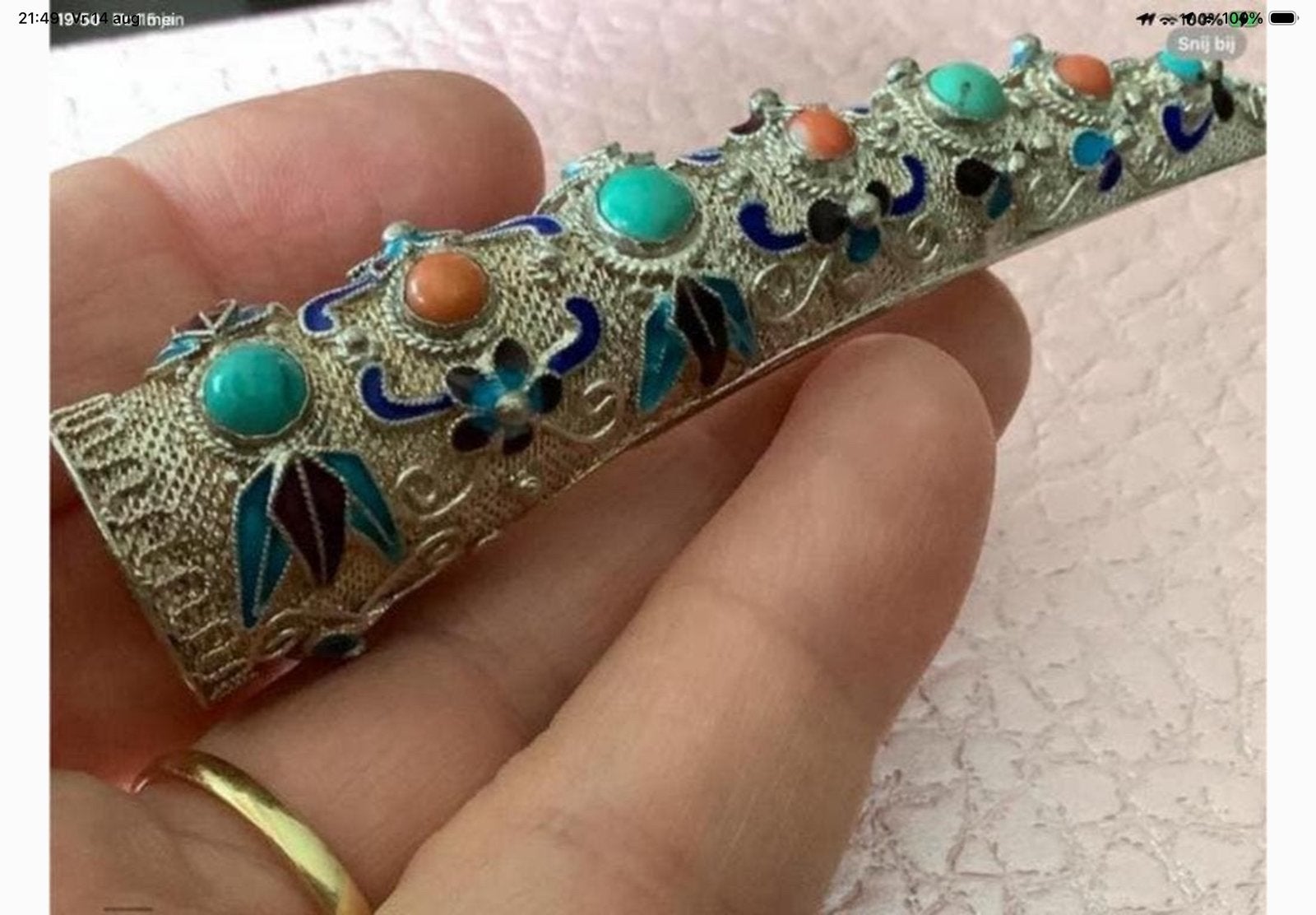Zilveren vintage filigrein broche Bloedkoraal Turkoois 925, Verzenden, Zo goed als nieuw, Met edelsteen, Zilver