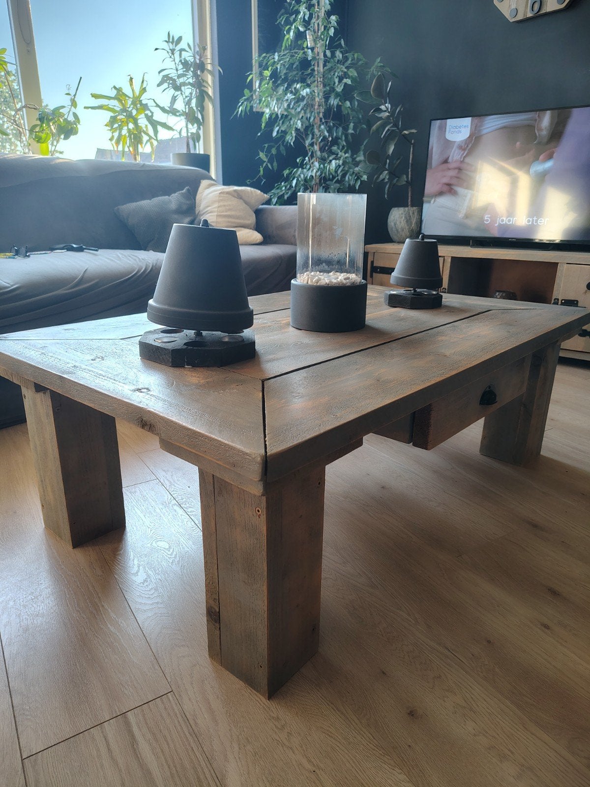 Grey wash steigerhouten salontafel met 2 lades, Ophalen, Gebruikt, 100 tot 150 cm, 50 tot 100 cm