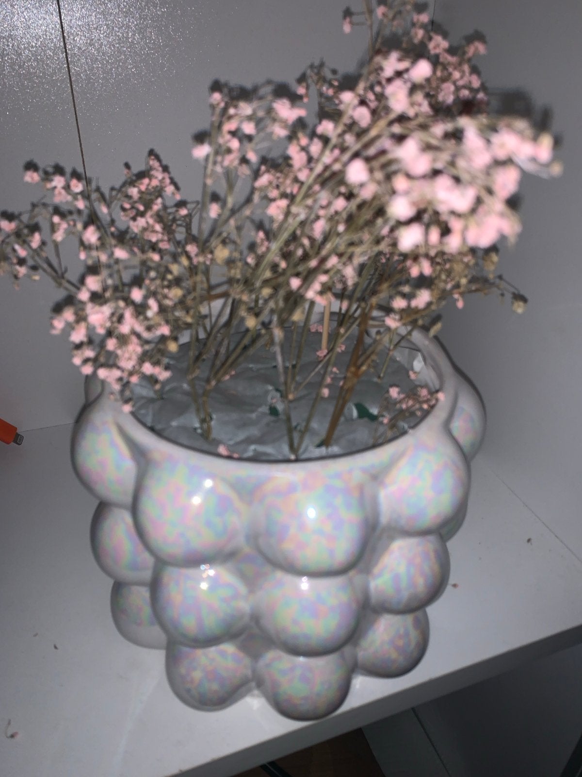 Unieke iriserende bubbelvaas met neppe droogbloemen, Ophalen, Zo goed als nieuw, Overige kleuren