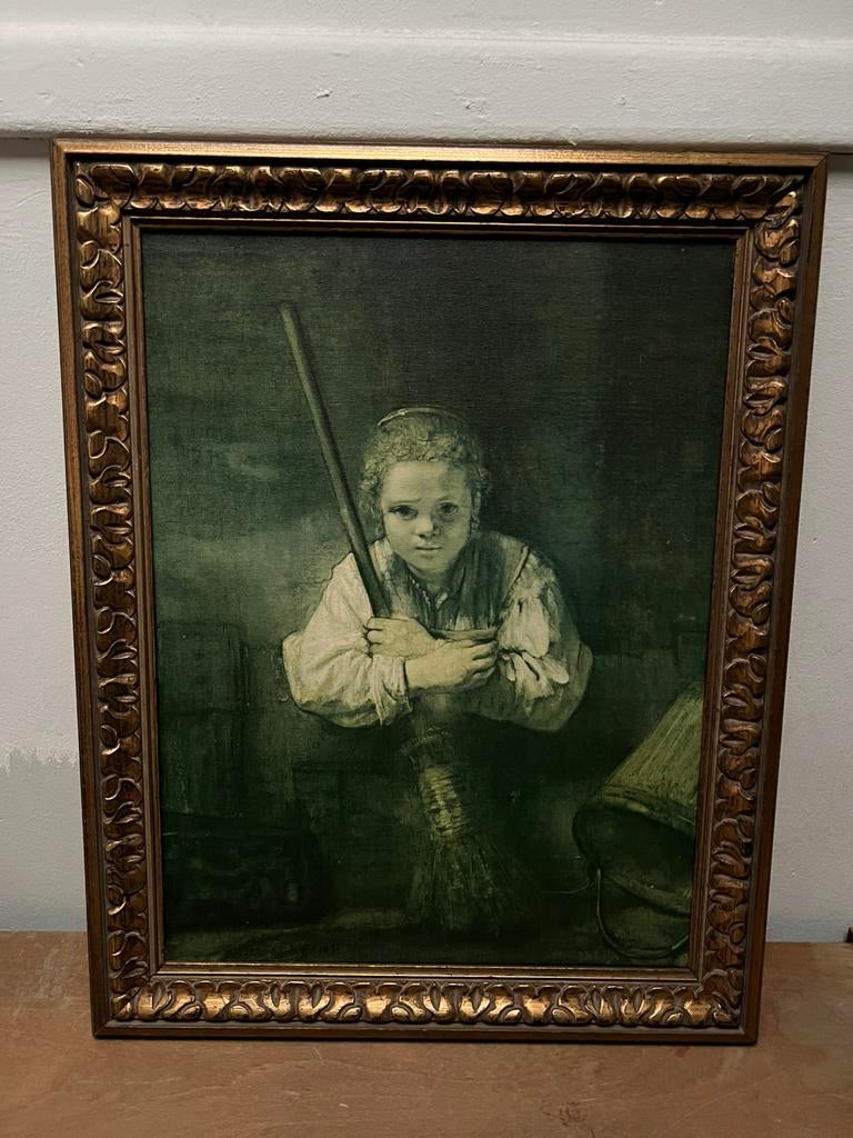 REMBRANDT Reproductie Canvas Lijst 70 jaar MEISJE MET BEZEM, Antiek en Kunst, Ophalen of Verzenden
