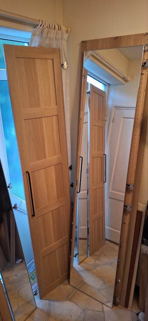 IKEA Pax deuren: 2 eikenhout, 2 spiegel (50x229, 25x229), Glas, Gebruikt, 100 tot 150 cm, 200 cm of meer