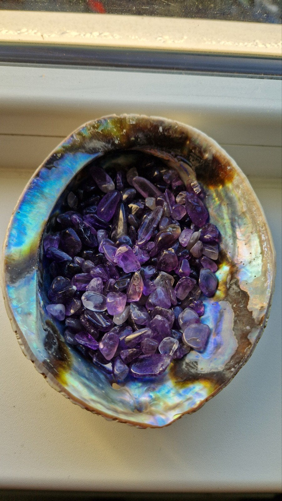 Abalone schelp met amethist steentjes, Ophalen of Verzenden