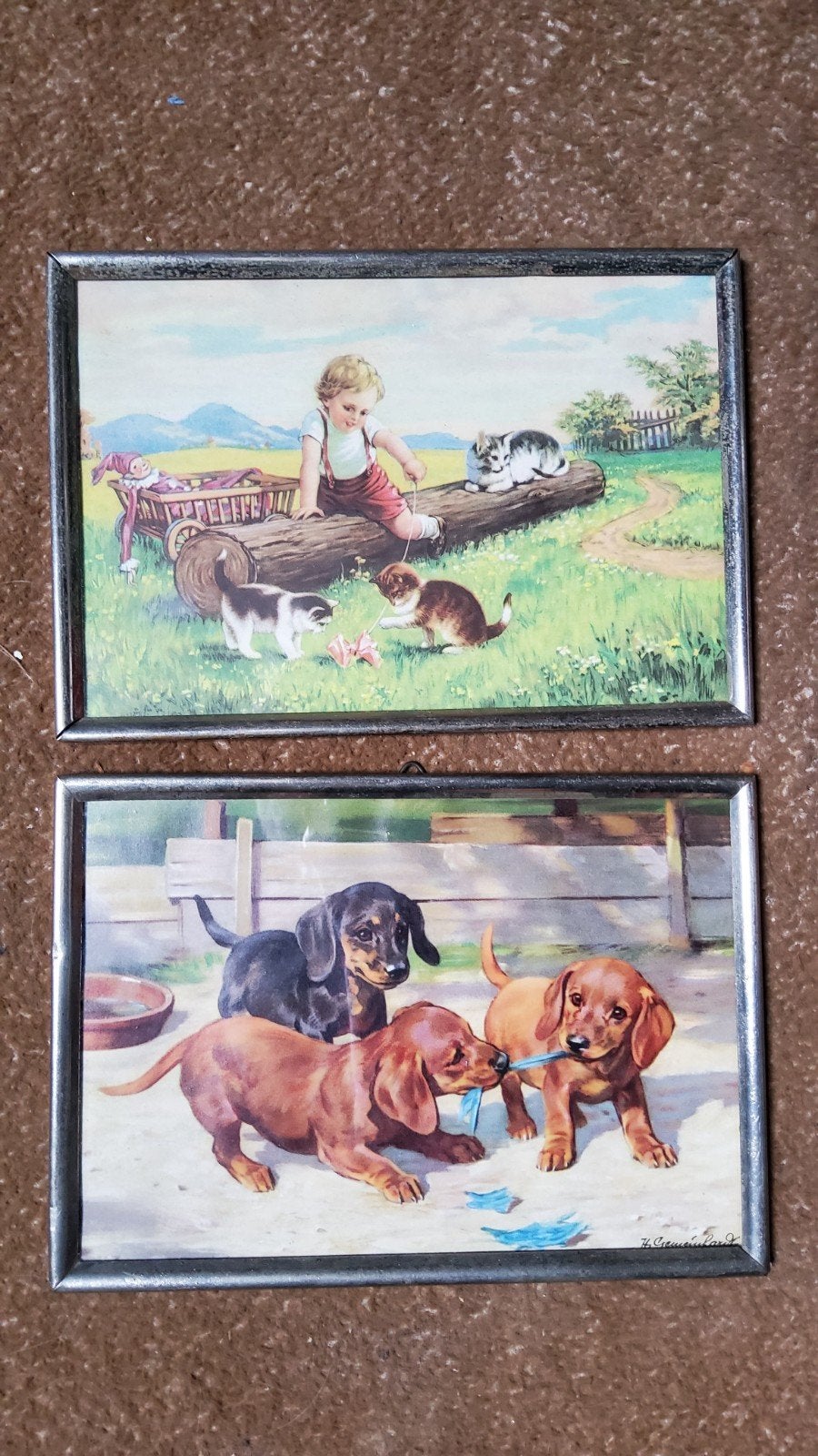 oud retro zilver kleur poezen hondje schilderijtje fotolijst, Ophalen of Verzenden
