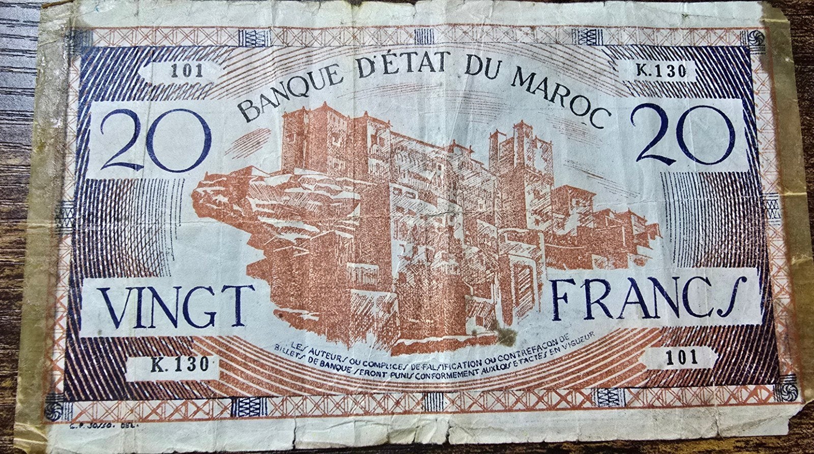 Zeldzaam Marokkaans 20 Francs biljet Banque d'État du Maro, Postzegels en Munten, Ophalen of Verzenden