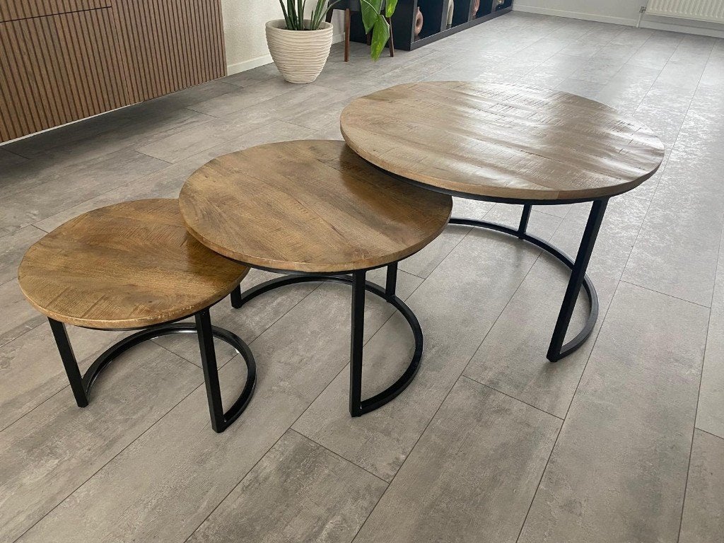 Salontafel Bemmel Naturel - set 3 stuks, Ophalen, 50 tot 100 cm, Rond, 50 tot 100 cm