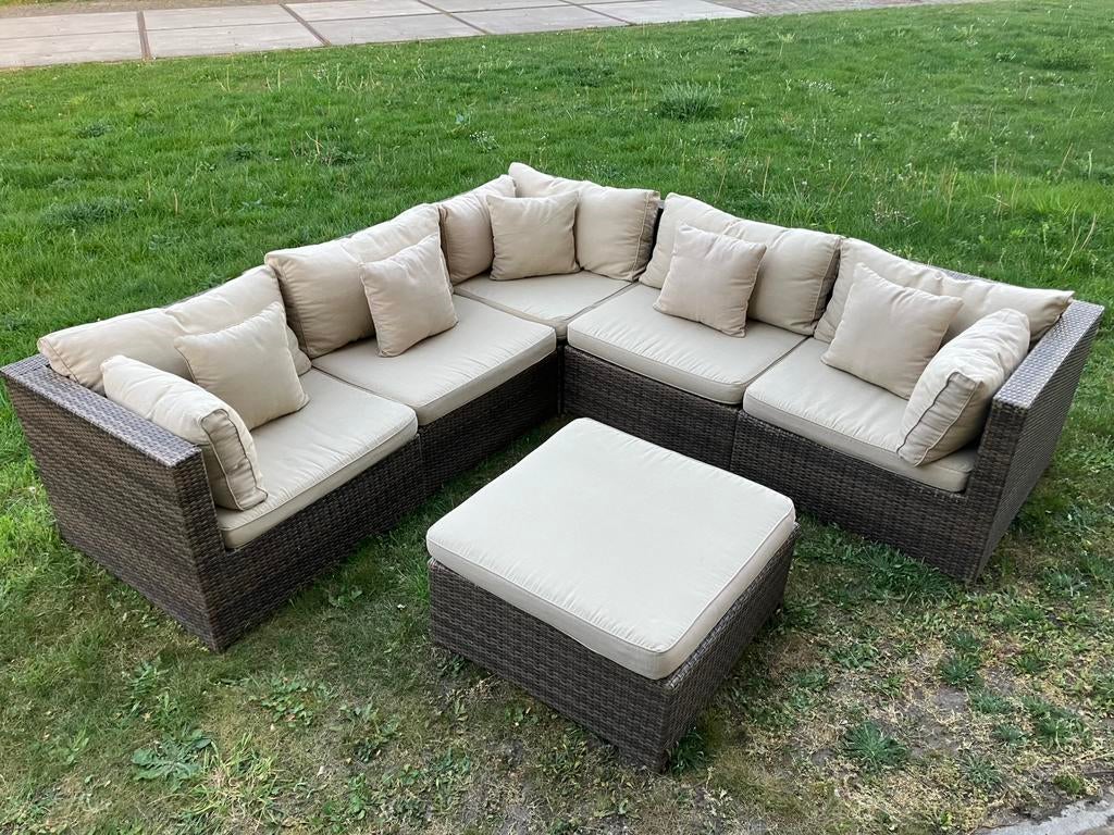 Loungeset wicker rotan + beige kussens & hocker, Tuin en Terras, Ophalen