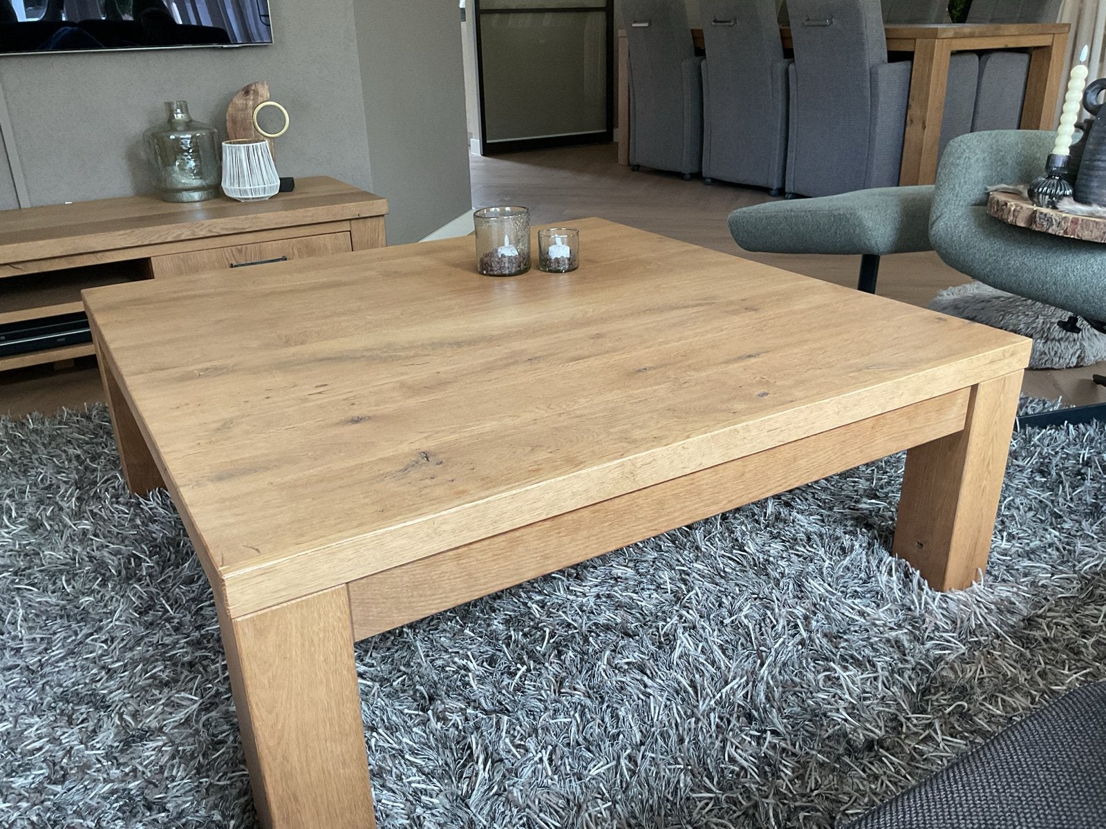 Massief eiken salontafel met lade, Huis en Inrichting, Ophalen, 100 tot 150 cm, 50 tot 100 cm, Zo goed als nieuw