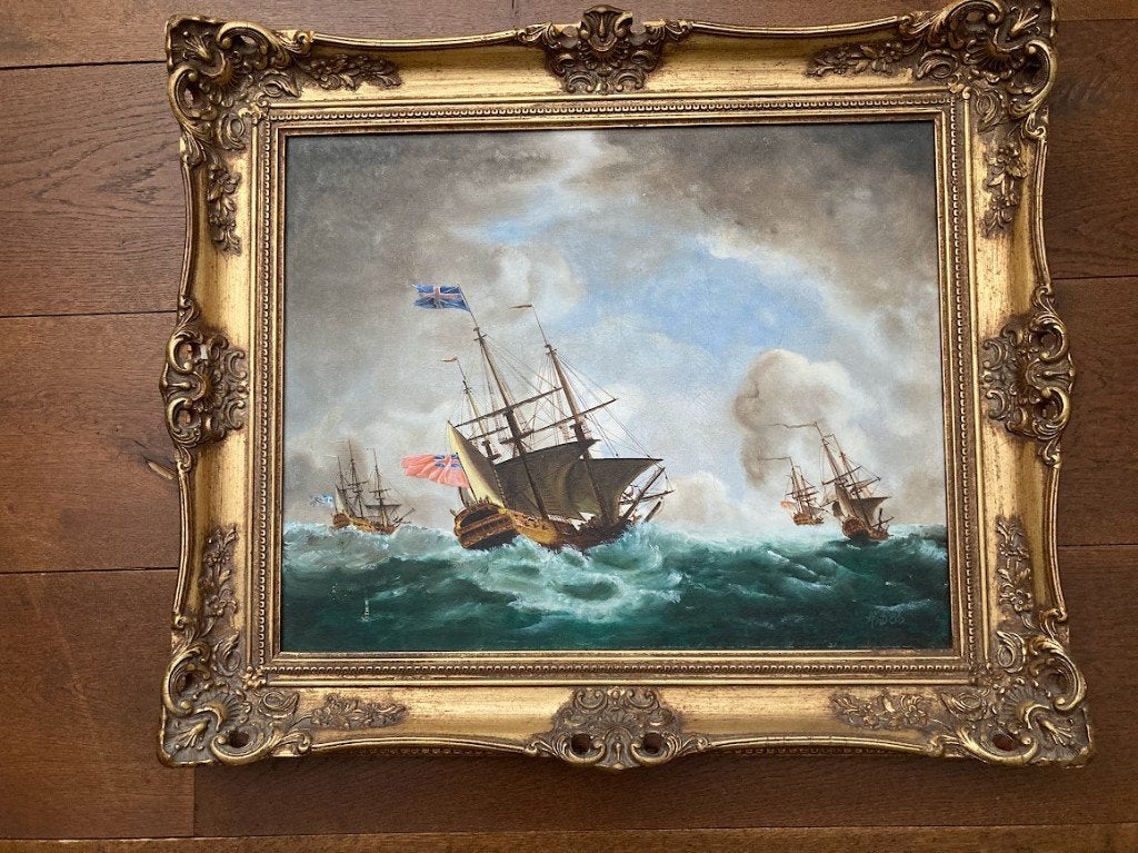 Antiek schilderij (1885) Een zeevloot met prachtige schepen, Antiek en Kunst, Ophalen, Maritiem / water, Doek, Gedateerd