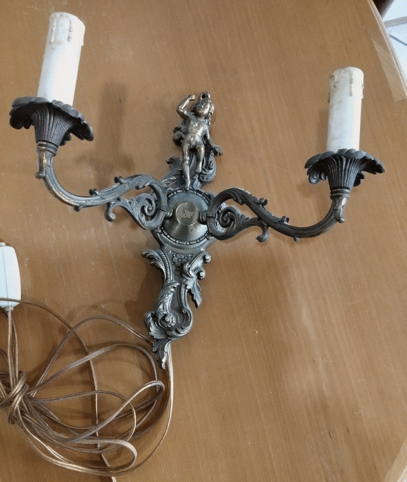 Koperen 2-armige schemerlamp met cherubijn, Ophalen of Verzenden, Koper of Brons