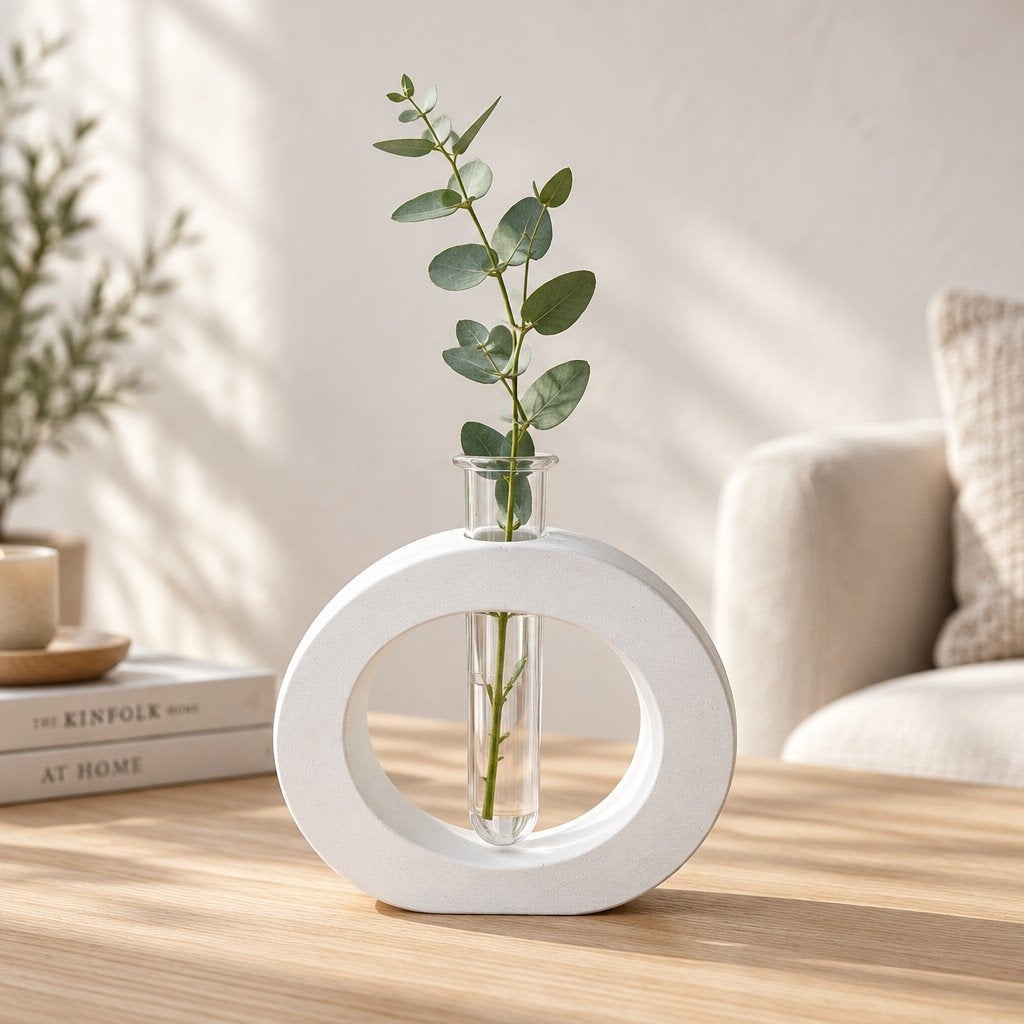 Moderne Witte Ovale Vaas met Reageerbuis voor Decoratie, Verzenden, Zo goed als nieuw, Wit, Steen/keramiek