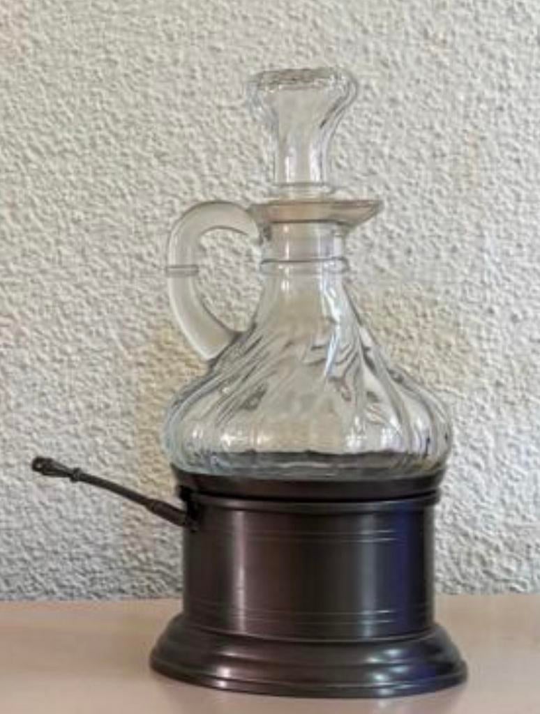 Decoratieve glazen melk/suiker pot met tinnen voet en hendel, Antiek en Kunst, Ophalen of Verzenden