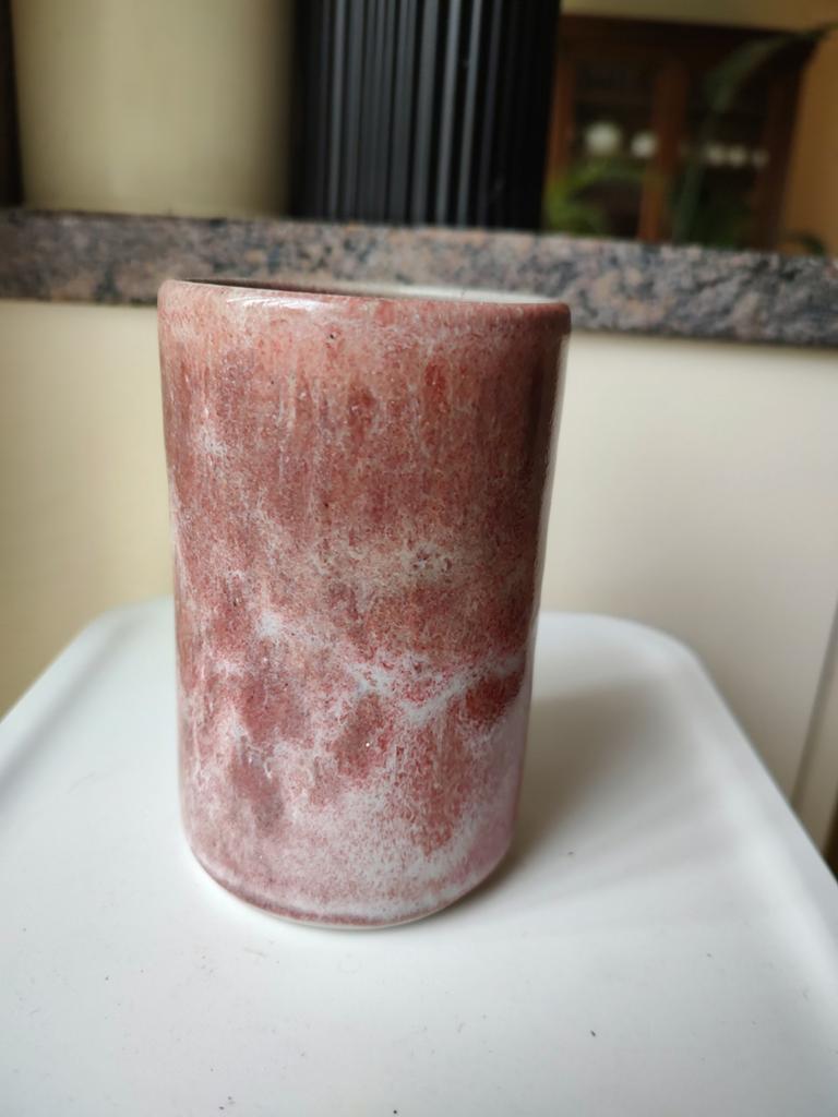 Vintage Cilindervaasje Potterie Zaalberg Rood-Wit Gespikkeld, Antiek en Kunst, Antiek | Vazen, Ophalen of Verzenden
