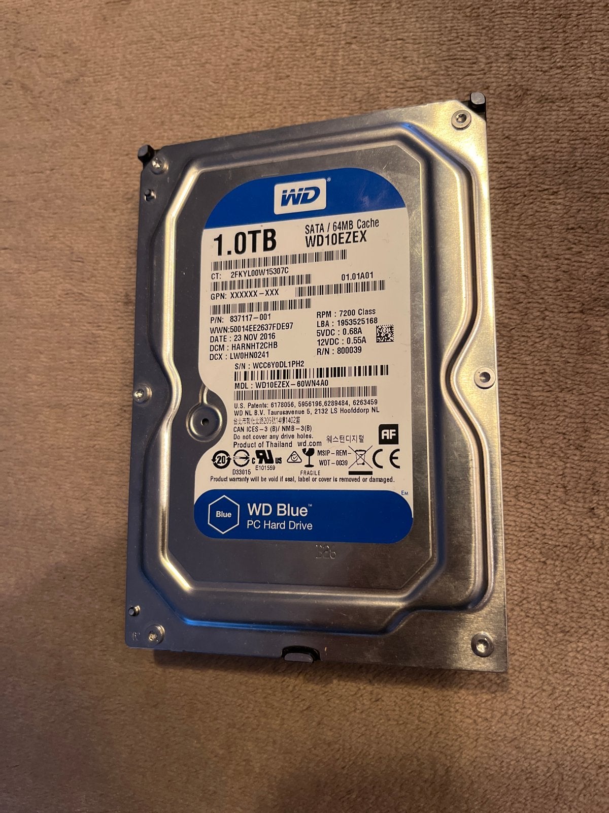 WD Blue 1TB HDD - SATA 64MB Cache, Intern, Gebruikt, 3.5', Ophalen of Verzenden