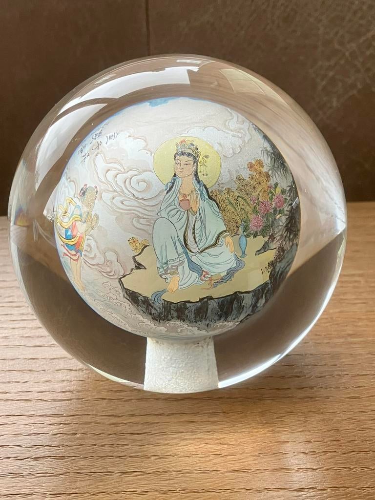 Vintage chinese glazen bol omgekeerd geschilderd Feng shui, Ophalen of Verzenden