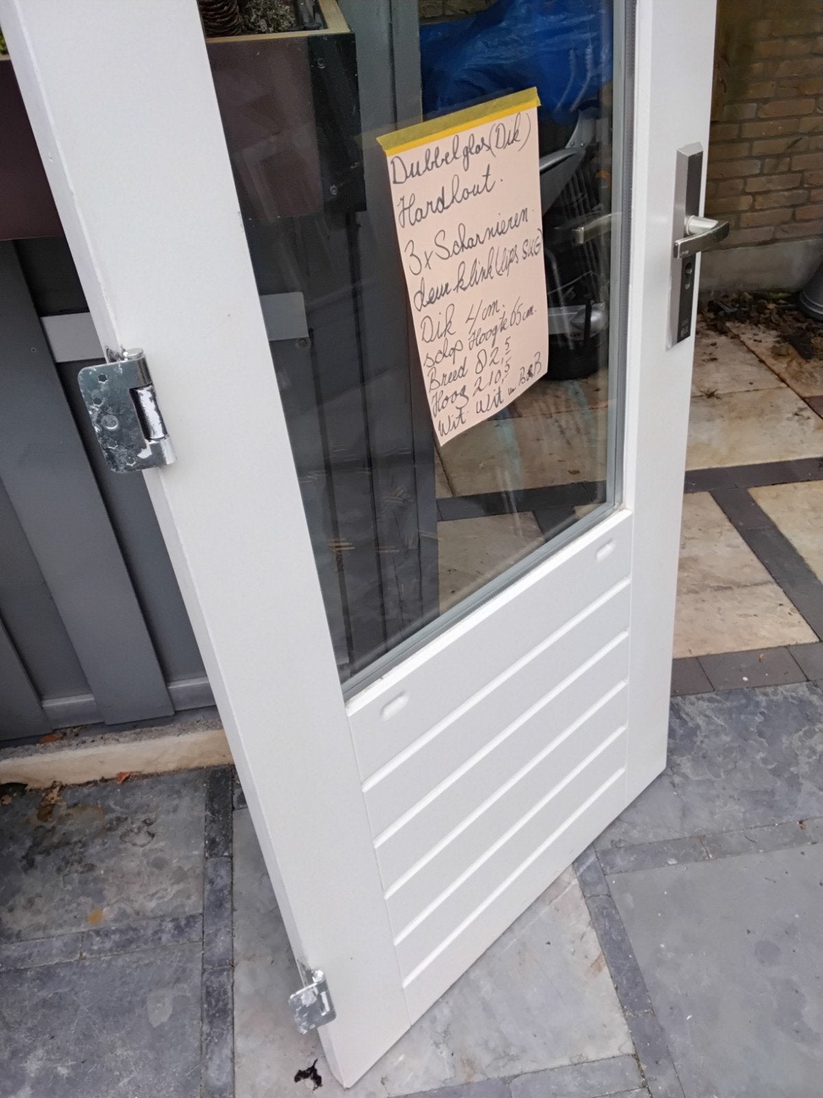 Nette hardhouten buitendeur, compleet met dubbel glas, Ophalen, Gebruikt, 80 tot 100 cm, Buitendeur