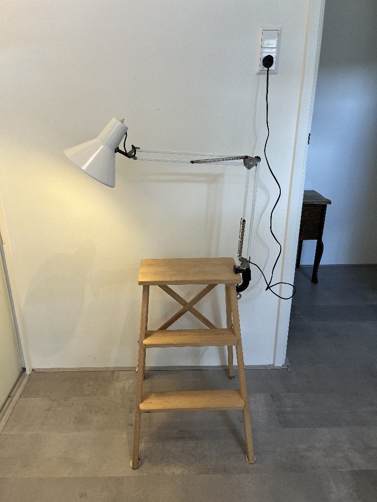 prachtige vintage Architectenlamp Wit met Schaararm, Ophalen, Gebruikt, Vintage metaal industrieel, Metaal