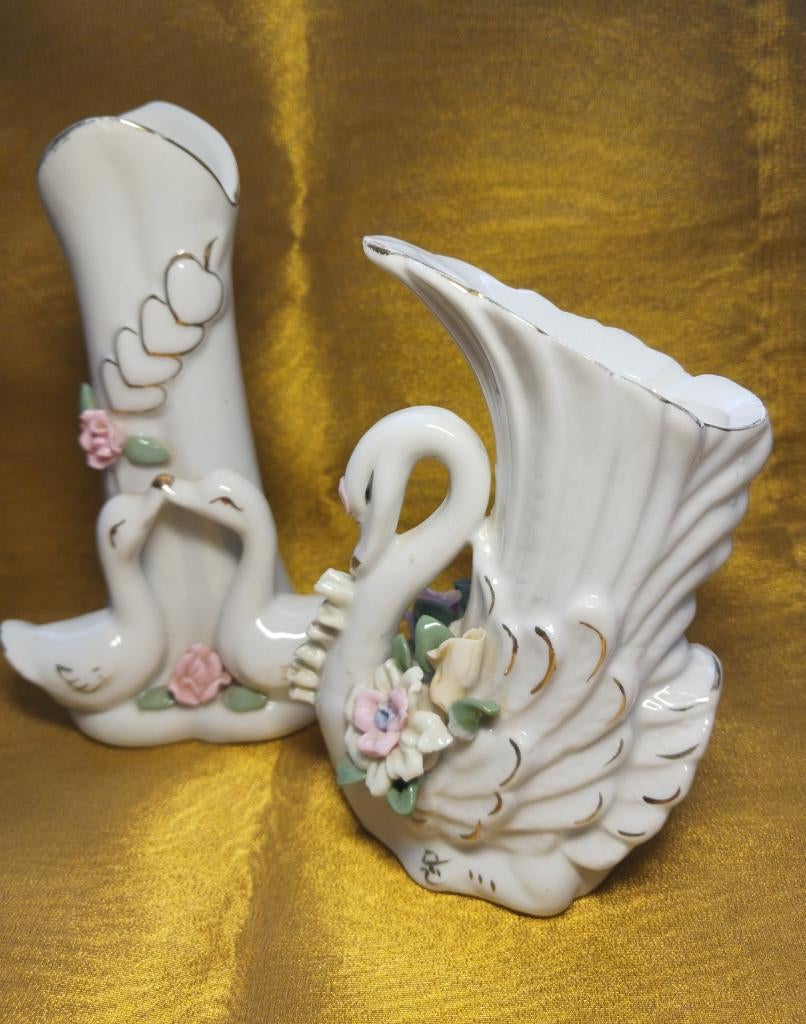 Kitsch zwaan en gans vaasjes wit keramiek, Wit, Aardewerk of Porselein, Ophalen of Verzenden, Zo goed als nieuw