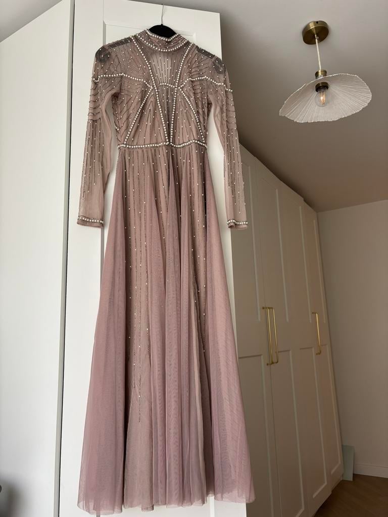 Avondjurk 34/36 abiye, Kleding | Dames, Jurken, Ophalen, Zo goed als nieuw, Maat 34 (XS) of kleiner, Onder de knie
